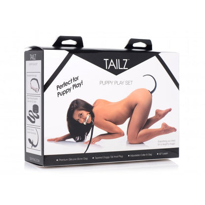 PUPPY PLAY SET BONE GAG, TAIL ANAL PLUG & COLLAR - BLACK